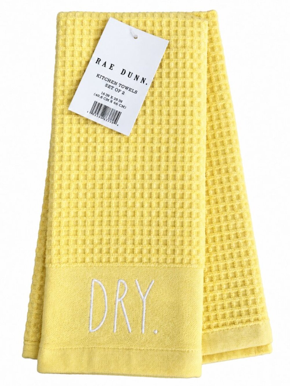 Rae Dunn Kitchen Dish Towels Clean Dry Yellow Cotton Set of 2 Embroidered